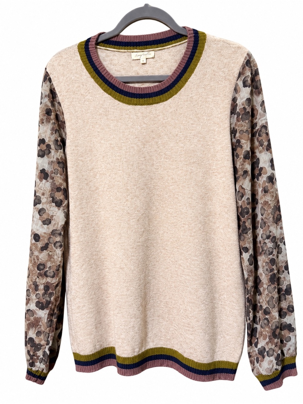 Beige Sweater with Sheer Animal Print Patterned Sleeves